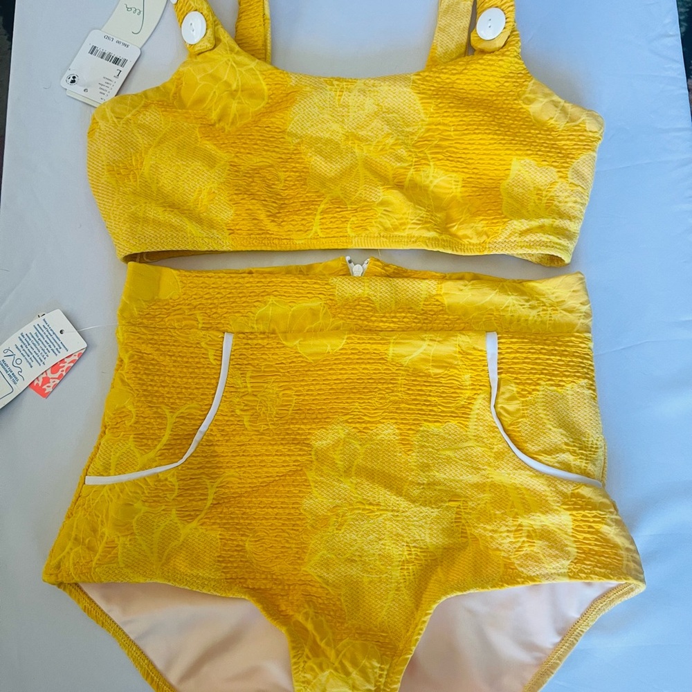Seea Yellow Textured Floral High-Waist Bikini Set